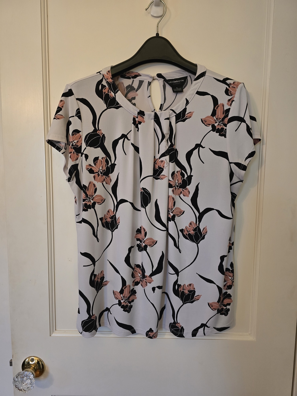 Liz Claiborne White And Pink Floral Keyhole Cap-Sleeve Top LARGE